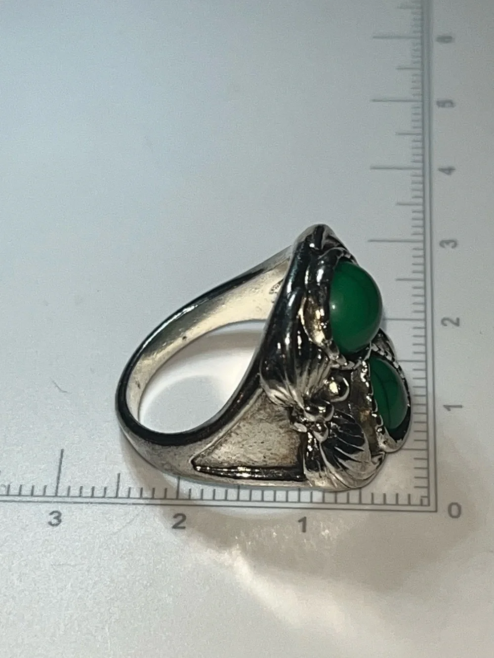 Vintage Art Nouveau Style Silver Tone Ring with Green Glass Cabochons untested